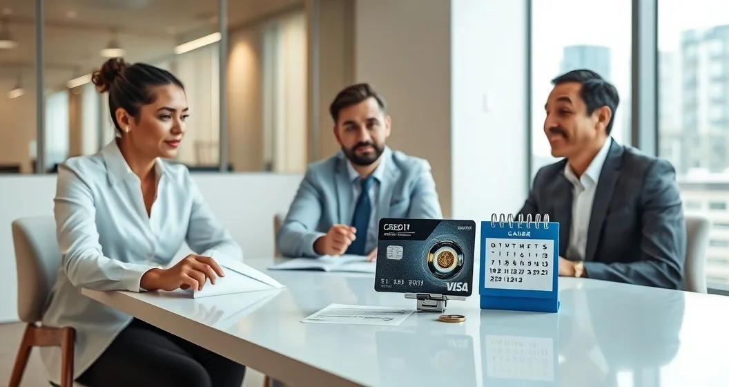 Advisor at a modern conference table pointing to three objects representing term loan revolving loan and hybrid loan