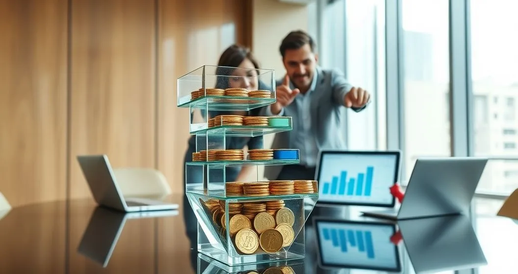 Tiered glass waterfall sculpture with coins flowing into stacked color coded trays while professionals discuss around a conference table
