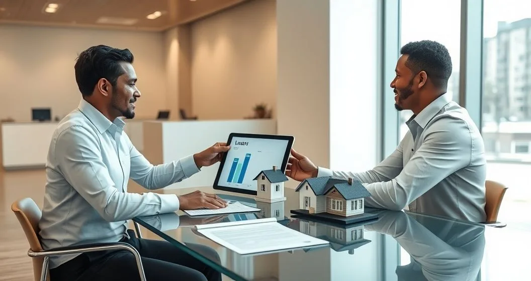 Mortgage officer pointing at a tablet with a bar chart showing loan portion versus property value while a homebuyer looks on, house model and appraisal on table.