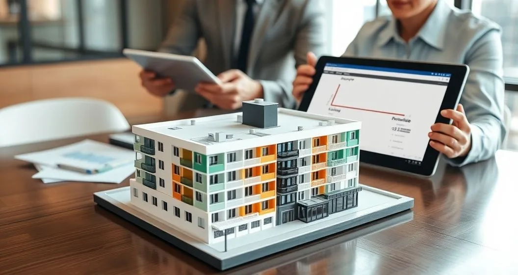 Appraiser and lender examine a color coded scale model of a mixed use building on a conference table while reviewing a tablet that shows a ratio graphic for loan to value with separate residential and commercial segments