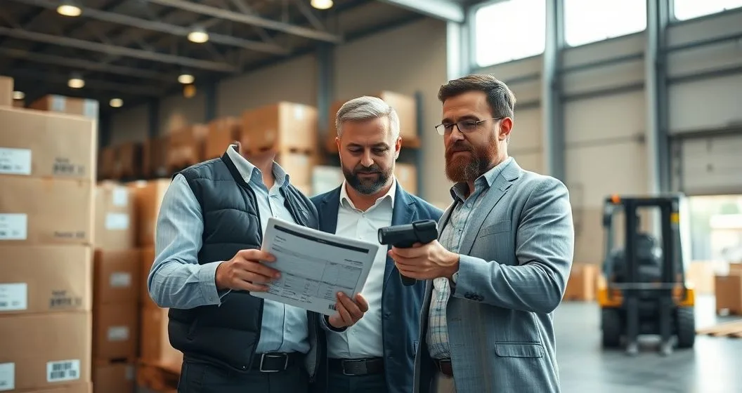 Retail owner and finance advisor reviewing pallets of boxed inventory and a tablet in a modern warehouse to discuss a loan for purchasing stock