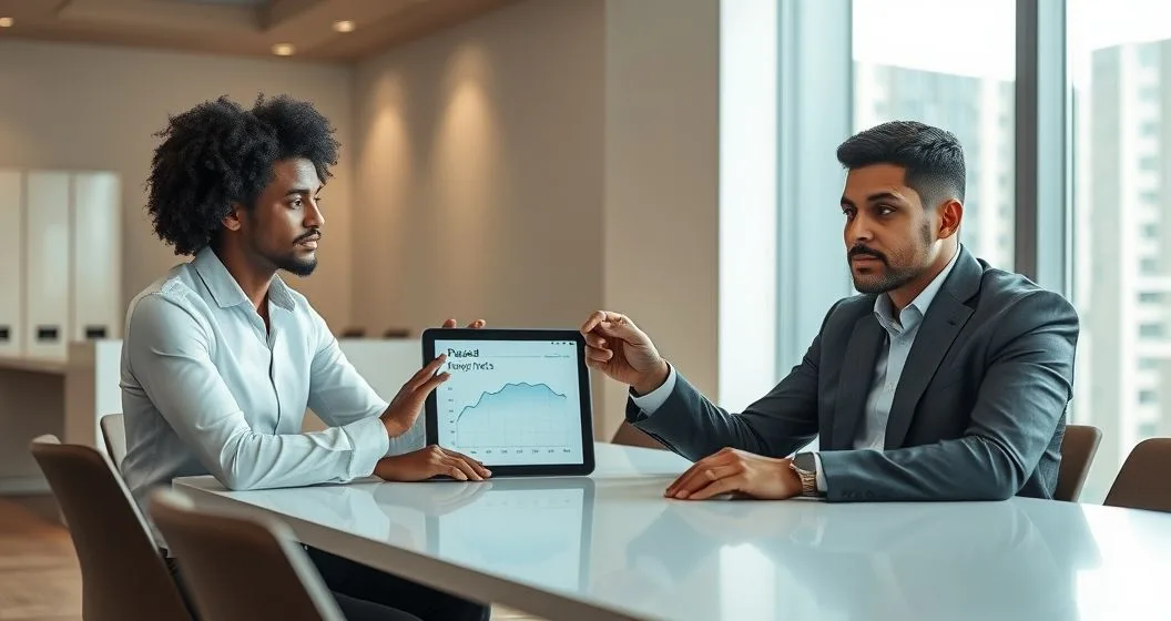 Financial advisor and borrower review tablet showing paused payment timeline and falling credit gauge in modern office
