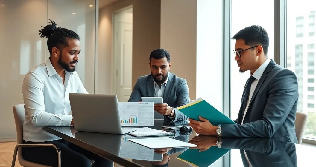 Three professionals in a modern office reviewing loan documents and a laptop showing a color coded loan dashboard
