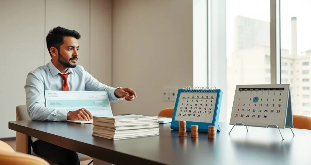 Tax advisor points to a large check and stack of bills on one side and a calendar with small coin stacks on the other while a client takes notes