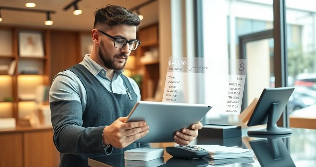 Small business owner and advisor review tablet showing sales trends and repayment overlay at checkout counter