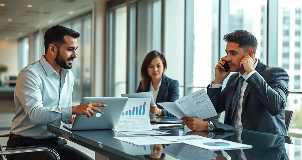 Finance team in a boardroom reviewing covenant charts and reconciliations with an analyst pointing at a laptop graph and a leader on the phone