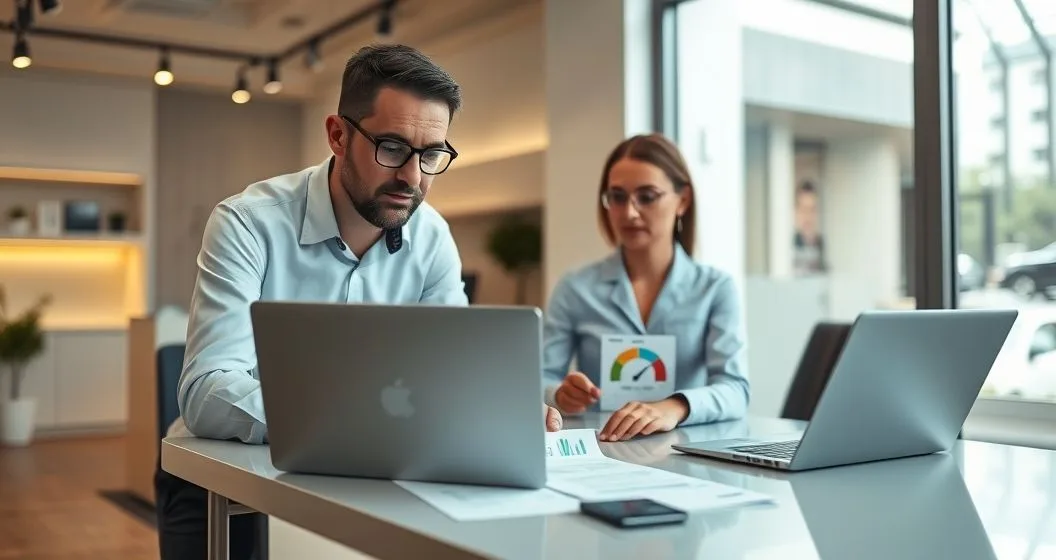 Two diverse professionals at a clean desk reviewing a laptop with color coded credit utilization gauges and printed statements with a business card visible.