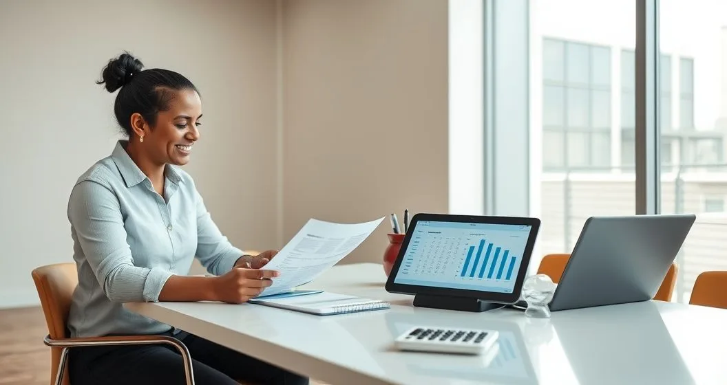 Parent and financial advisor reviewing loan documents and repayment option charts at a minimalist office table
