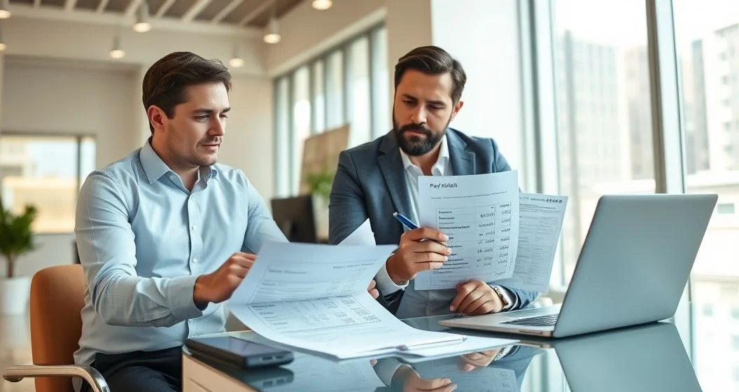 Small business owner and tax advisor reviewing payroll records and payroll software on a laptop in a modern office