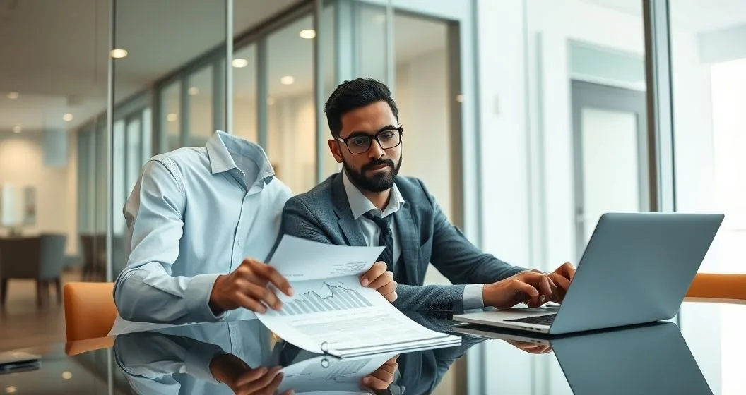 Underwriter and loan officer examine applicant documents in a modern conference room, underwriter points to a file while officer takes notes on a tablet