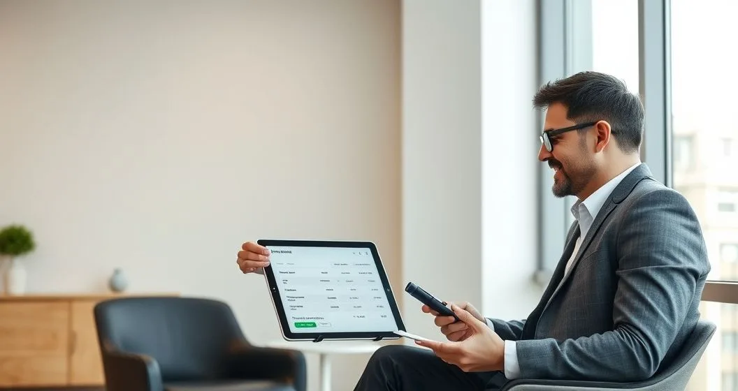 Marketplace account manager points to a tablet displaying a transaction summary highlighting tax collection while a seller listens at a meeting table with a laptop and small shipping box