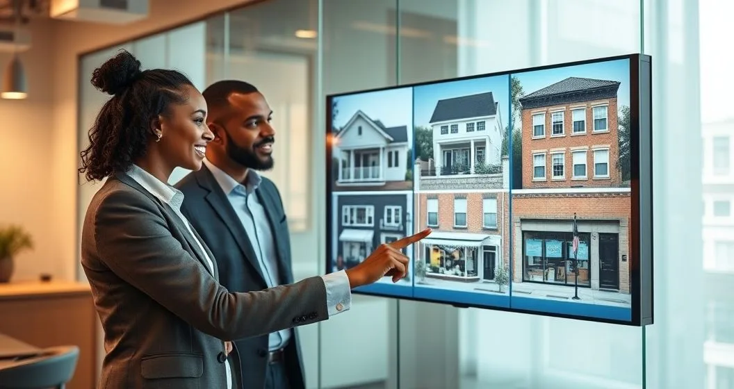 Mortgage advisor and clients pointing at an interactive screen displaying different property types to choose matching loan options