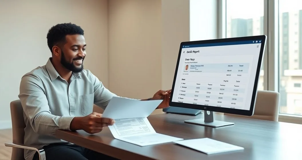 Financial advisor and client at a conference table looking at a laptop credit report with a flagged medical bill on the table as the advisor points and offers a folder of next steps