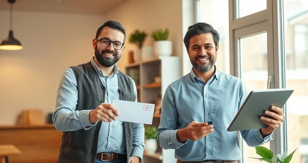 Community lender handing a small business owner a loan approval envelope in a bright local office with inventory on shelves and a tablet on the table
