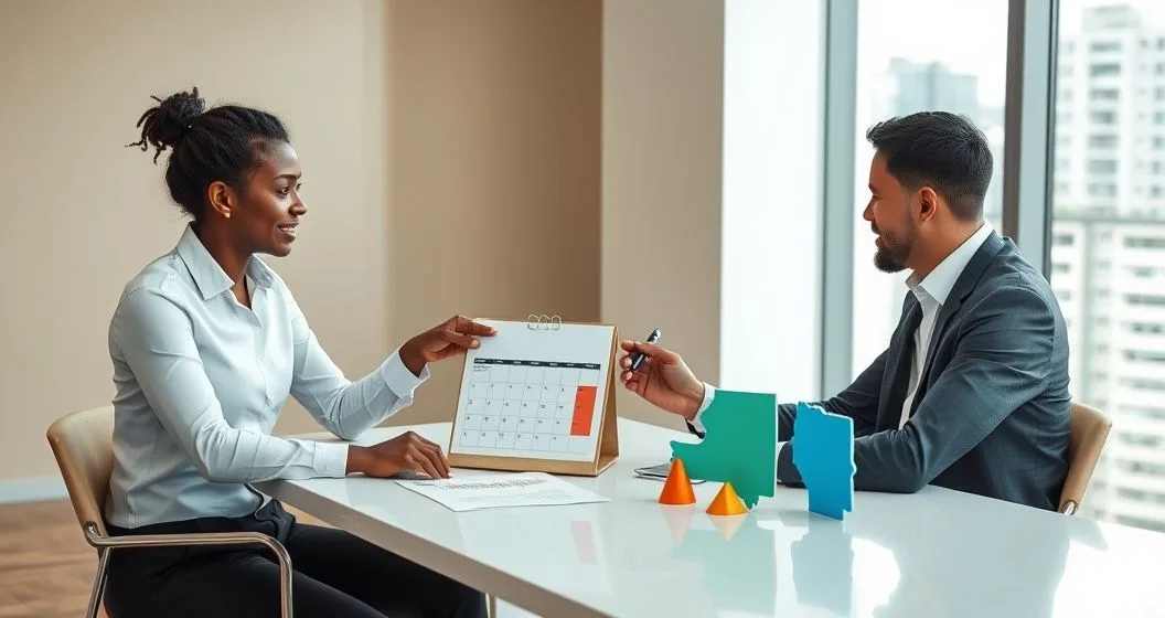 Tax advisor and client reviewing a calendar and split income charts to allocate income between two states after a mid year move
