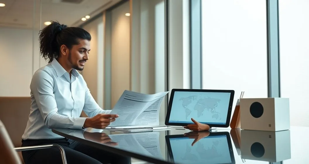 Tax advisor and client reviewing documents and tablet showing two state outlines with a moving box in a modern conference room