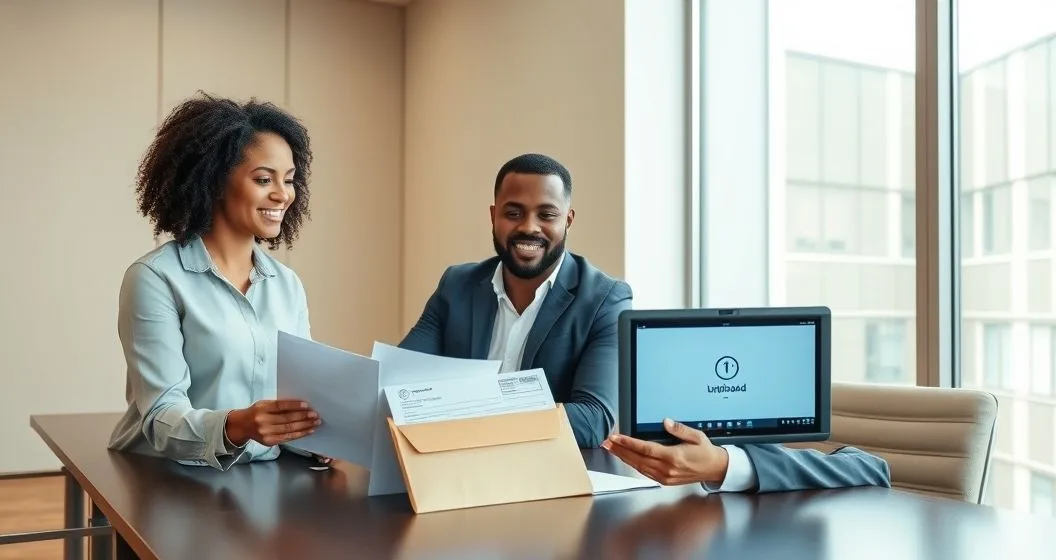 Payroll manager and tax advisor at a clean conference table reviewing supporting documents and a tablet while preparing a mitigation request for late payroll tax deposits