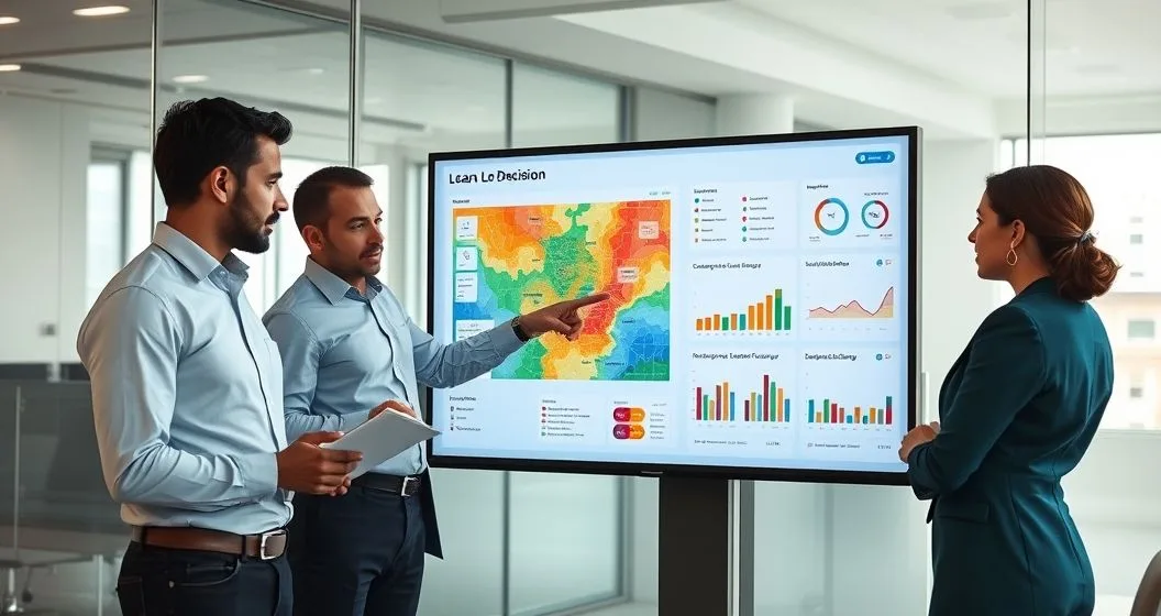 Diverse professionals reviewing a loan decision dashboard with a neighborhood heatmap and charts indicating disparities