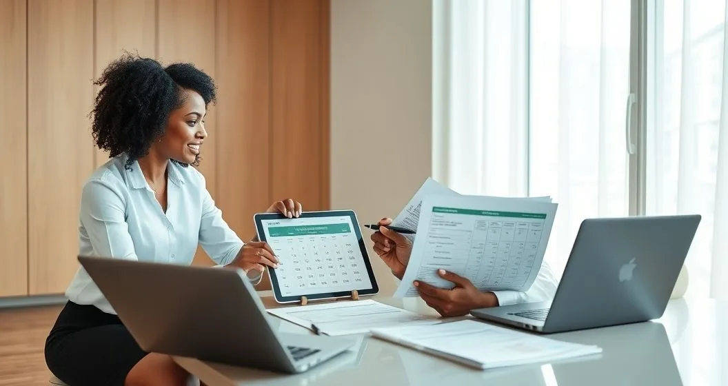 Tax advisor and client adjusting a repayment schedule on a tablet while reviewing paperwork in a modern office