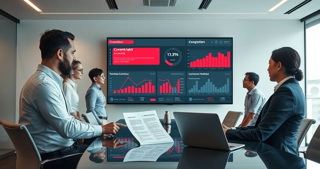 Loan officers and analysts review a covenant monitoring dashboard in a modern conference room with one pointing at an alert and another checking a covenant checklist.