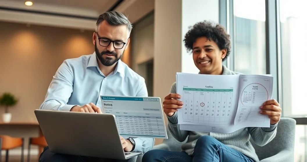 Tax advisor and client reviewing a laptop refund tracking dashboard with bank statement and calendar on table in a modern conference room