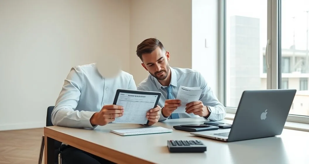 Two professionals reviewing a tablet checklist and matching receipts at a tidy desk with laptop and calculator