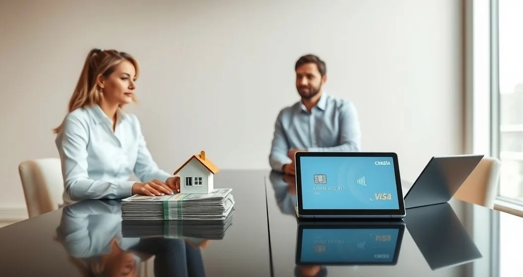 Financial advisor and homeowners comparing stack of cash and house model for cash out against tablet and credit card with revolving arrow for HELOC