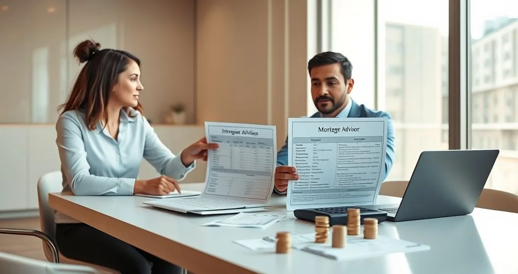 Mortgage advisor points to a closing cost breakdown as a couple reviews documents with a calculator keys and stacked coins on the table