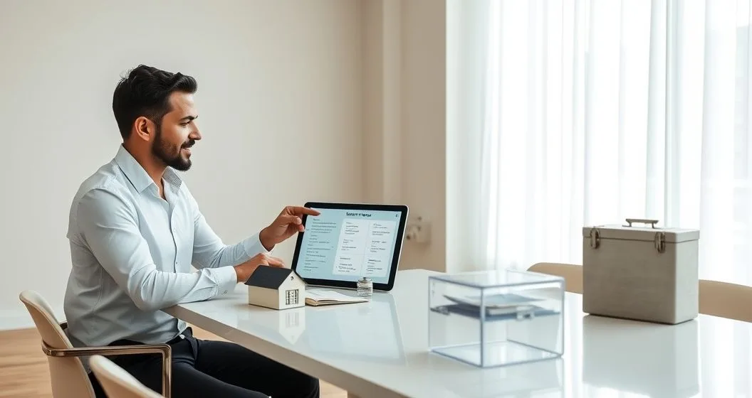 Loan officer and homeowner reviewing a tablet with segmented icons representing taxes insurance and reserve beside a model house and a clear locked cash box
