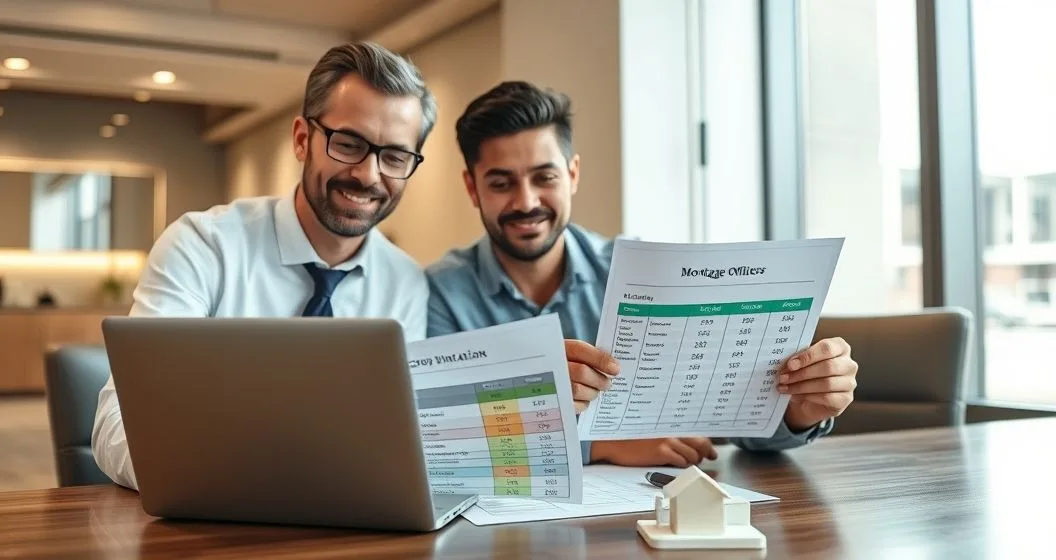 Mortgage officer and homeowners review a laptop showing a color coded escrow breakdown with house model on a clean conference table
