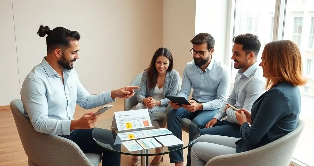 Mortgage advisor and diverse homebuyers reviewing color coded loan option cards and a tablet in a modern office meeting room