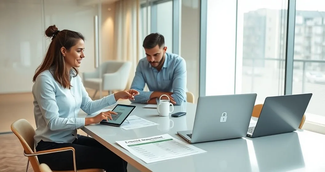 Mortgage advisor and clients review a locked rate on a tablet with a calendar and comparison chart in a modern office
