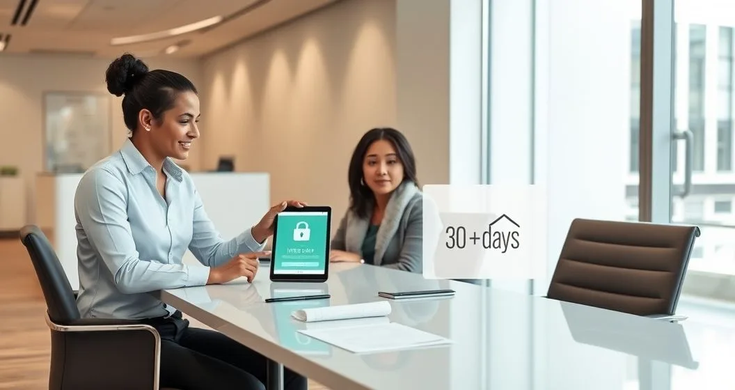 Mortgage advisor pointing at a tablet displaying a locked interest rate and a 30 to 60 day calendar to a diverse couple in a modern office with loan documents on the table.