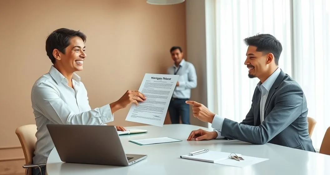 Bank officer handing a mortgage release document to a relieved couple in a minimalist office while a notary prepares recording materials