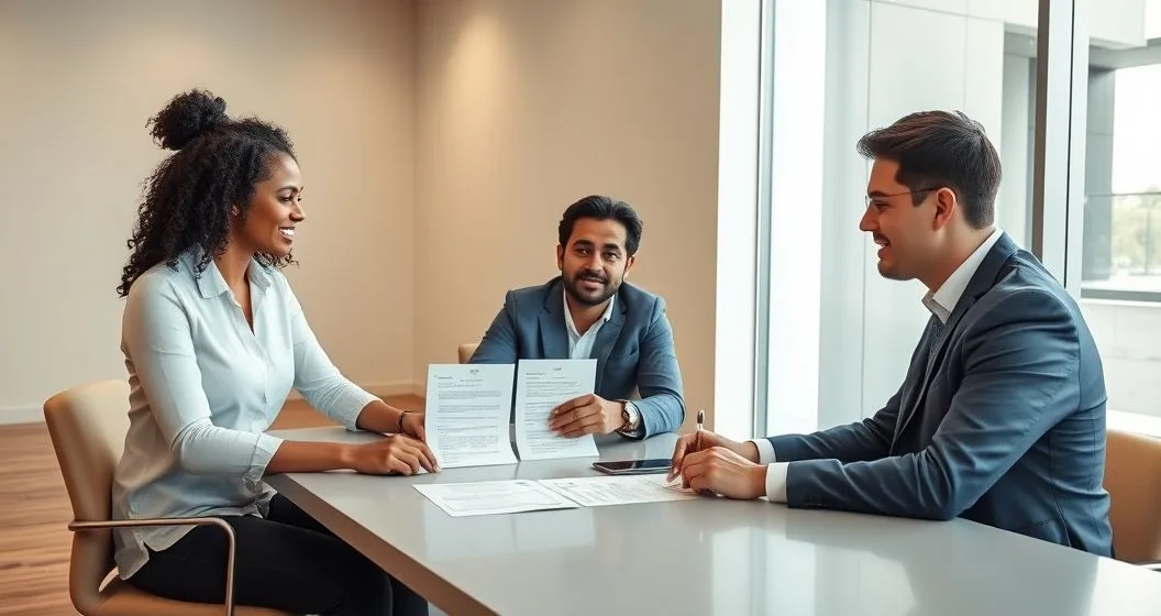 Mortgage advisor and couple reviewing three option documents for forbearance repayment plan and loan modification in a modern office