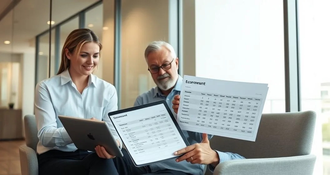 Loan servicer and homeowner review escrow allocation on tablet in modern office