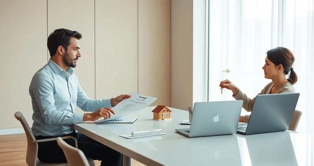 Mortgage advisor explains loan documents to a divorcing couple in a modern meeting room with a deed folder and house model on the table
