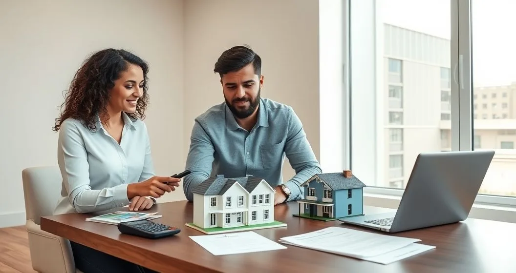 Young diverse couple consulting a mortgage advisor in a modern office with a tablet showing property photos and a duplex model on the table representing loan options for first time investors
