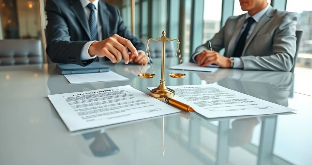 Lawyer pointing to a highlighted clause on a loan agreement across a conference table with a second contract and a small balanced scale emblem indicating equal terms