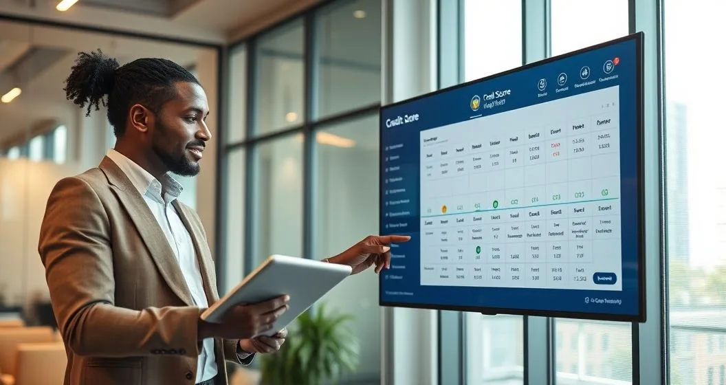 Advisor and client view a digital credit score dashboard with highlighted inquiry markers and a timeline showing clustered hard inquiries