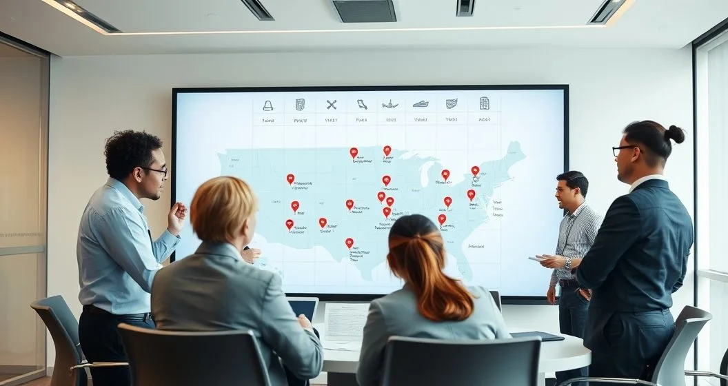 Diverse HR and payroll team assigning state specific tasks on a large digital compliance calendar in a conference room