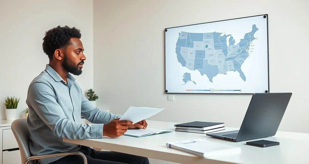 Freelancer and tax advisor in a modern home office reviewing a US map on a laptop and pointing at state markers with organized tax documents on the desk.