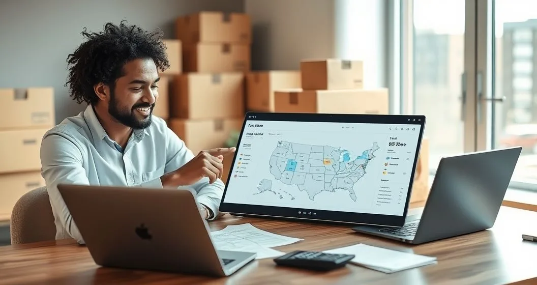 An online seller and tax advisor review a laptop showing a US map with several highlighted states and a tax dashboard in a tidy home office