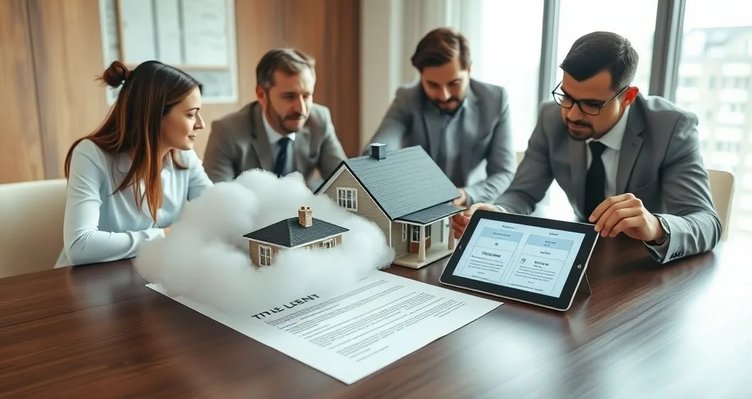 Three professionals at a conference table examine a house model on a title deed partly covered by a translucent cloud representing an IRS tax lien while an attorney points to a tablet.