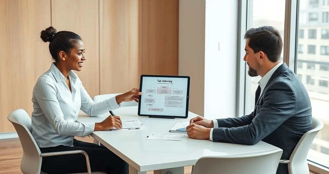 Married couple meeting a tax attorney at a conference table reviewing a tablet with a flowchart of relief options in a modern office