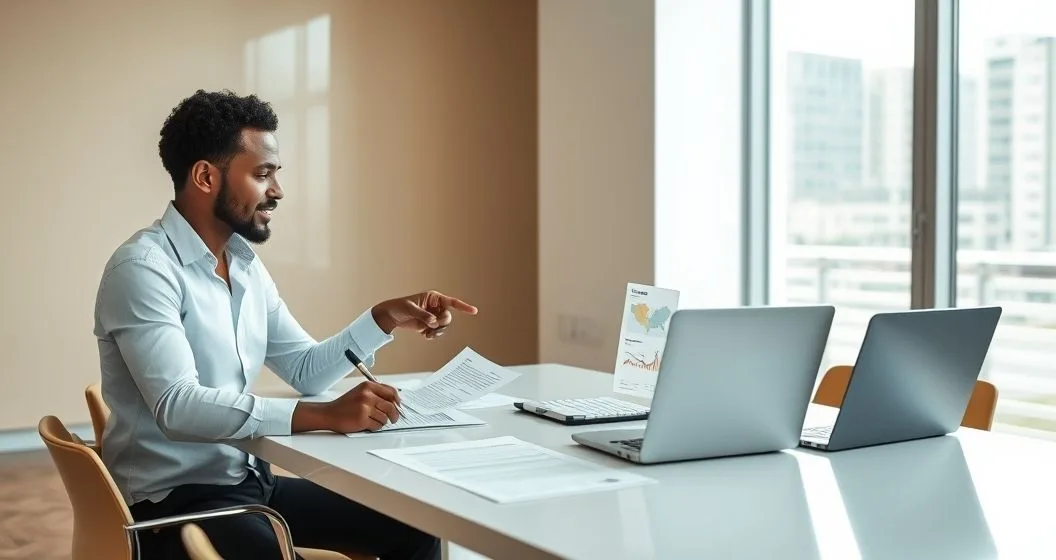 Financial advisor and client at a conference table reviewing part year tax documents and a laptop showing two highlighted state outlines and a timeline.