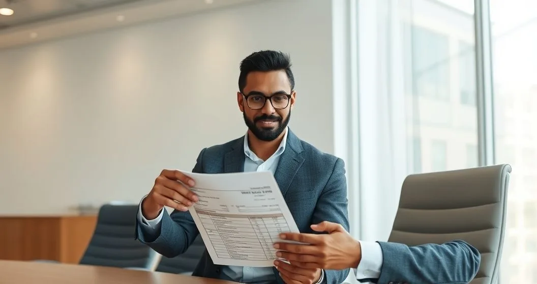 Financial advisor and borrower review a loan statement with a torn faded section indicating a partial discharge in a modern office.