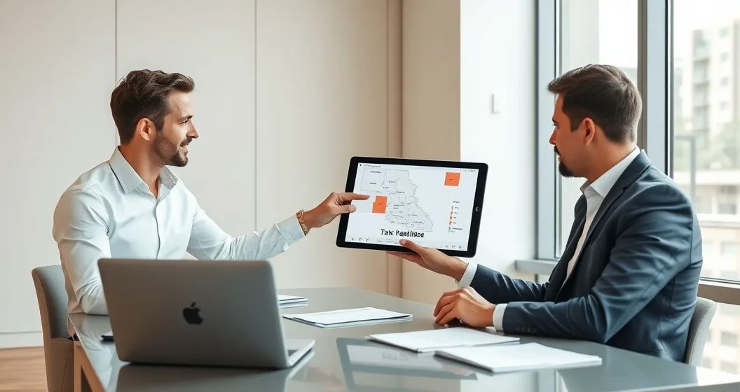 Tax advisor pointing at a tablet showing two highlighted states while a commuter takes notes at a conference table representing state tax credits and reciprocity agreements