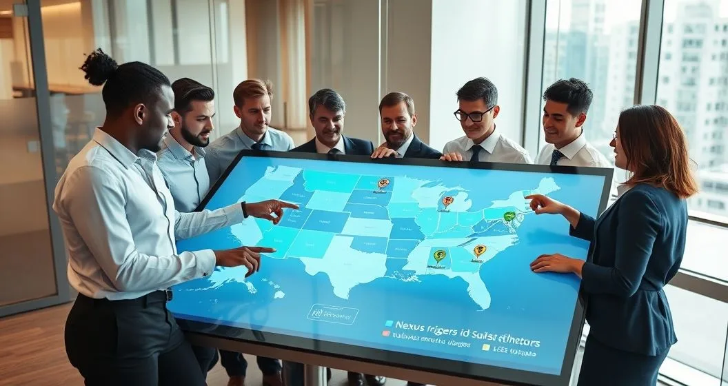 Team analyzing an interactive US map with highlighted states and subscription icons to determine state tax nexus