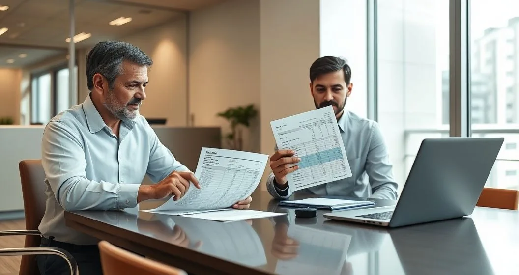 Homeowner and loan servicer reviewing printed escrow analysis and property tax assessment at a modern office table with a laptop nearby